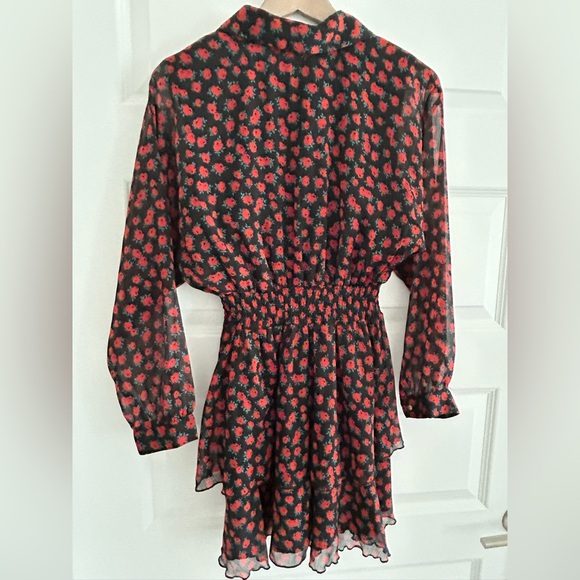 Zara Floral Long Sleeve Dress Red Black Size M - Picture 9 of 14